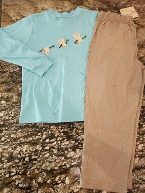 Kids Matching Set - Light Blue Duck Top & Tan Pants